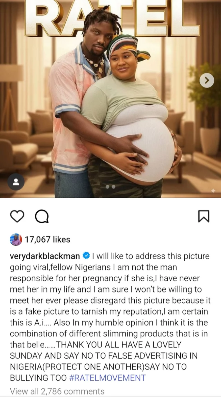 I Am Not Responsible for Her Pregnancy” — VeryDarkMan Reacts to Viral Picture with Nkechi Blessing